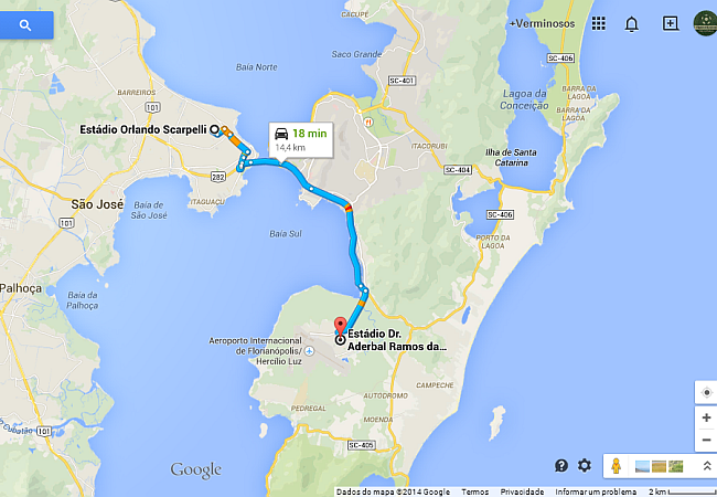 Estádios do Avaí e do Figueirense estão separados por 14 km, a 30 minutos de ônibus (Arte: Google Maps)