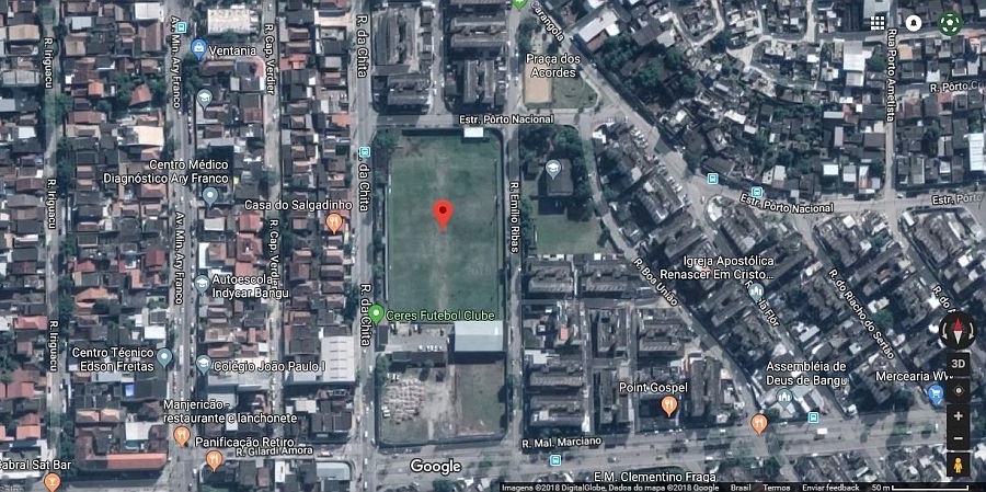 O estádio do Ceres fica no bairro de Bangu, na Zona Oeste (Foto: Google)